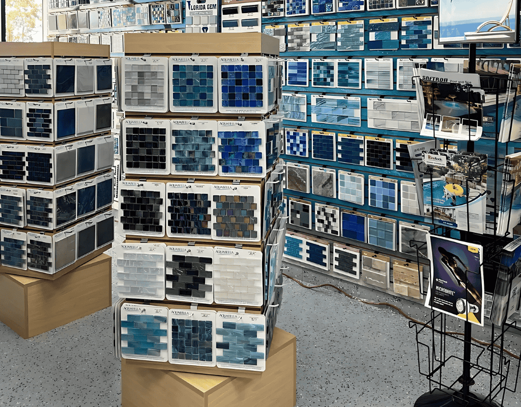 Showcasing variety of tiles available in Pools USA in Port St. Lucie, FL.